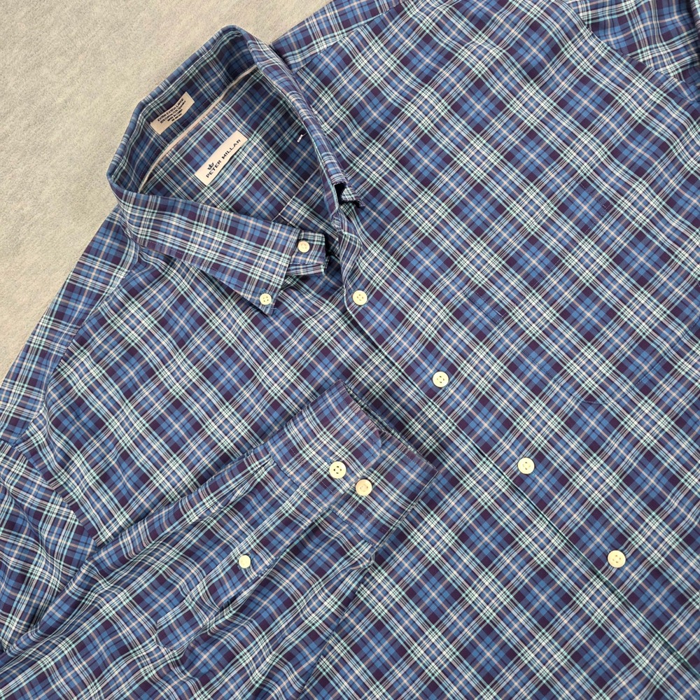 Peter Millar Men XXL Blue Purple Plaid Button Down Shirt Cotton Stretch Long Slv